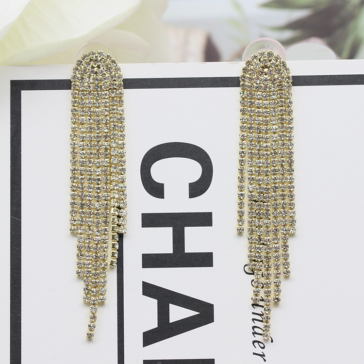 S925银针欧美耳饰镶钻满钻长款流苏耳坠闪耀婚纱跨境货源耳环批发