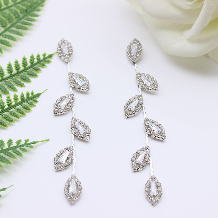 S925银针韩版耳饰锆石镶锆镶钻满钻耳环树叶流苏轻奢高级网红耳坠