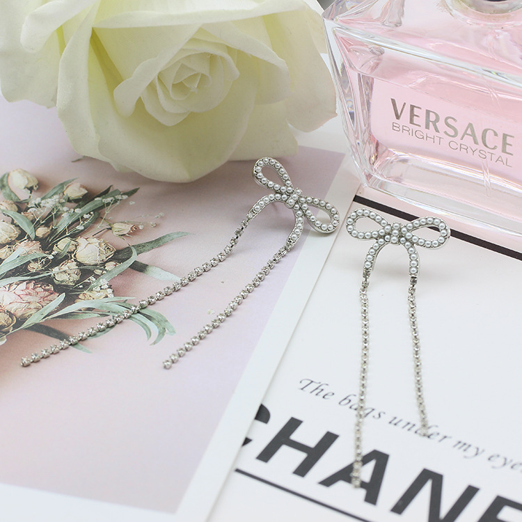 S925银针韩版耳饰蝴蝶结长款仿珍珠领结耳环气质网红流苏新款耳钉