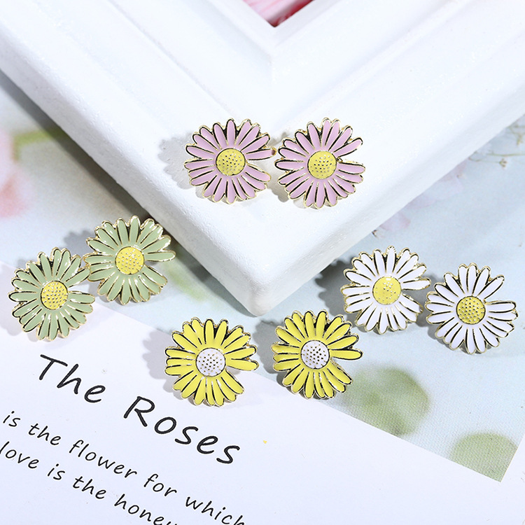 S925银针日韩耳饰画油清新珐琅彩色春季小雏菊耳环网红花朵耳坠女
