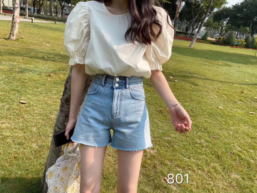 OLOL2020夏新款高腰浅色阔腿牛仔短裤女小清新宽松显瘦a字四分裤