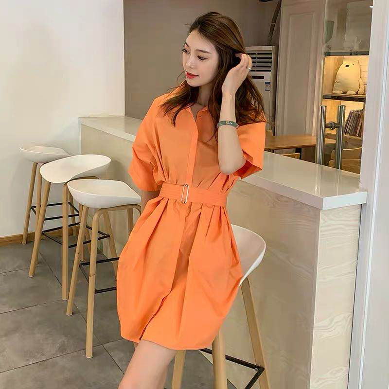 2020夏季新款时尚Polo衬衫连衣裙显瘦收腰百搭长款带腰带连衣裙女
