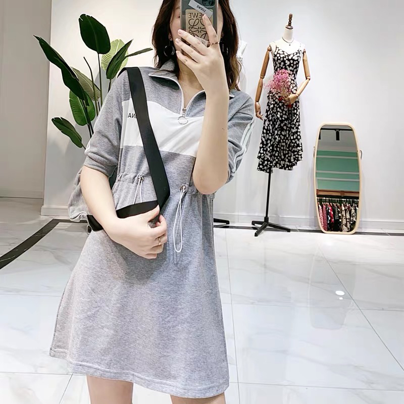 网红小众ins灰色运动休闲纯棉连衣裙女2020新款配胸包