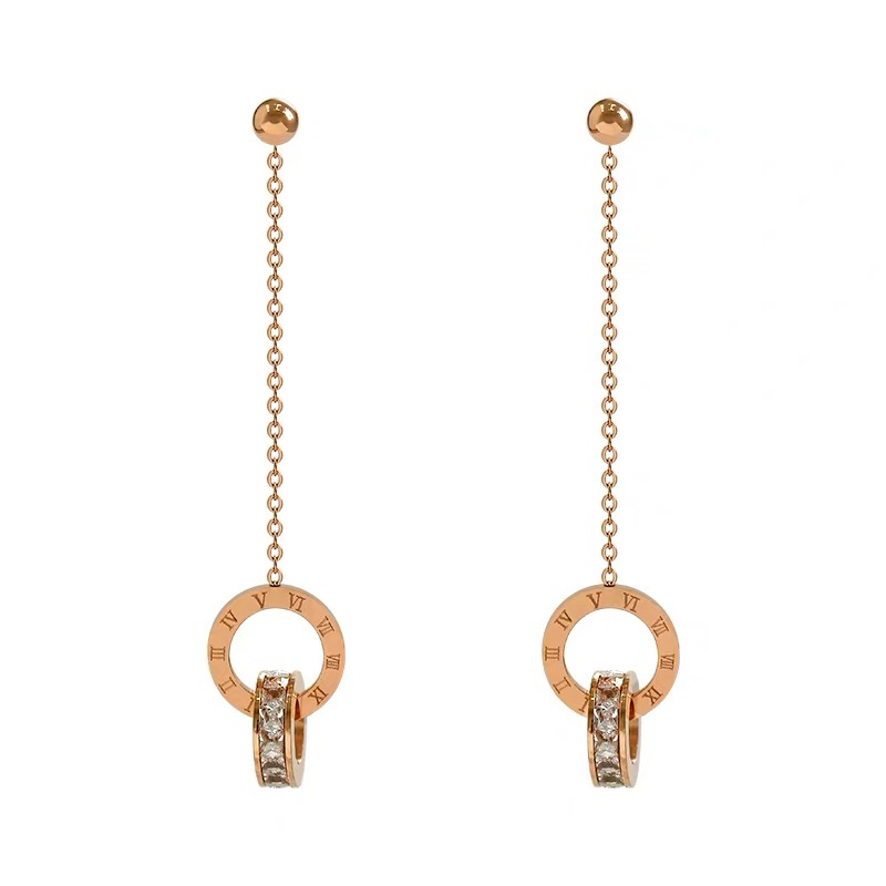 罗马数字钛钢耳环女气质韩国不掉色玫瑰金长款耳坠防过敏耳钉潮人