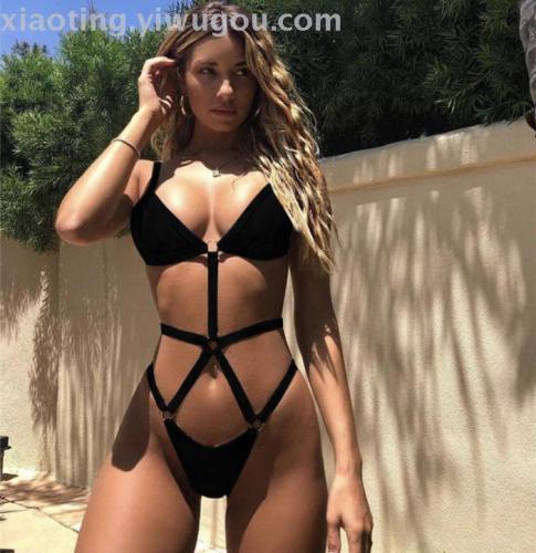 foreign Trade New One-Piece Personalized Swimsuit Nylon Fabric Gathered Open Belly Sexy Triangle Bikini Factory Direct Sales