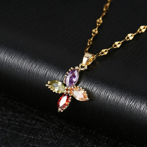 korean style popular colorful four-leaf flower diamond necklace fashion popular light luxury pendant micro-inlaid zirconium women‘s short clavicle
