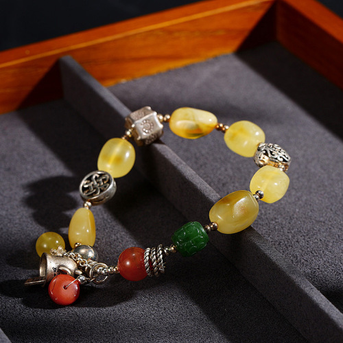 original design natural beeswax walking bracelet 925 silver ethnic style beeswax hanging 925 silver cat bracelet female