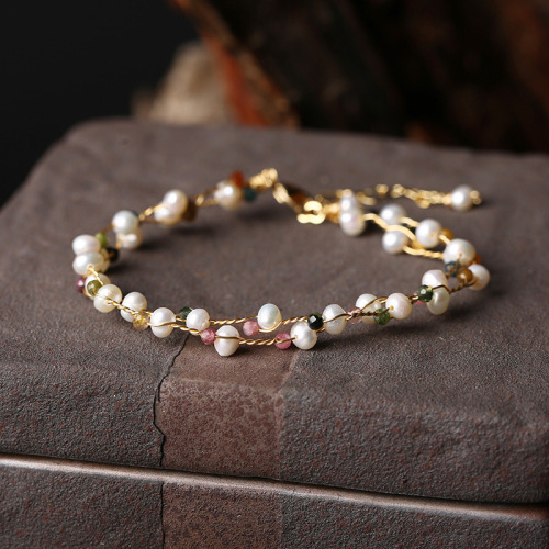 Original Design Creative Style Natural Tourmaline Freshwater Pearl Double Layer Winding Bracelet Simple DIY Jewelry Ornament Women