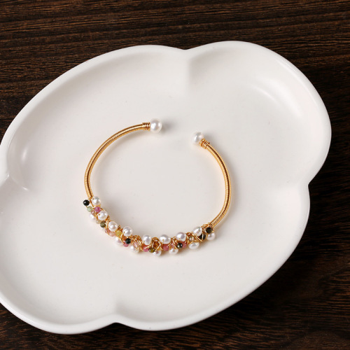 Rainbow Shimmer Retro Series 14K Gold-Wrapped Jewelry Women‘s Natural Handmade Freshwater Pearl Tourmaline Winding Bracelet
