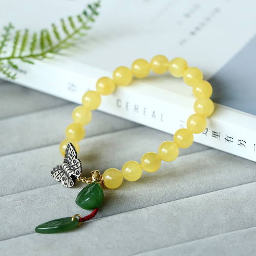 original natural round bead beeswax bracelet vintage handmade women‘s leaf beeswax hanging s925 sterling silver butterfly bracelet