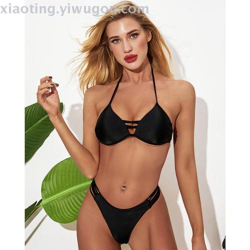 Bikini European and American Foreign Trade New Sexy Solid Color Split Gathered Ladies Swimsuit Nylon Quality Factory Direct Sales