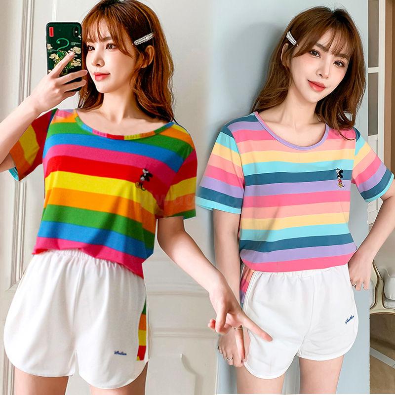 彩虹米奇运动服套装女夏季学生韩版宽松跑步服短裤t恤休闲两件套