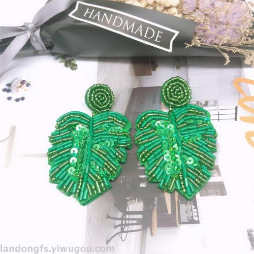 Creative New Bohemian Leaves Handmade Beaded Glossy Earrings for Women Exaggerated and Personalized Eardrop Earring