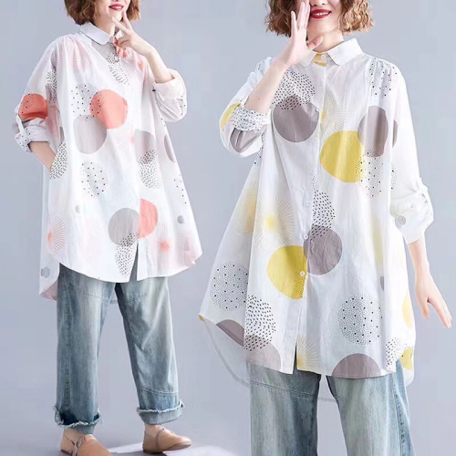 color polka dots peter pan collar shirt women‘s autumn clothes new versatile fat sister a version belly covering irregular long-sleeved shirt