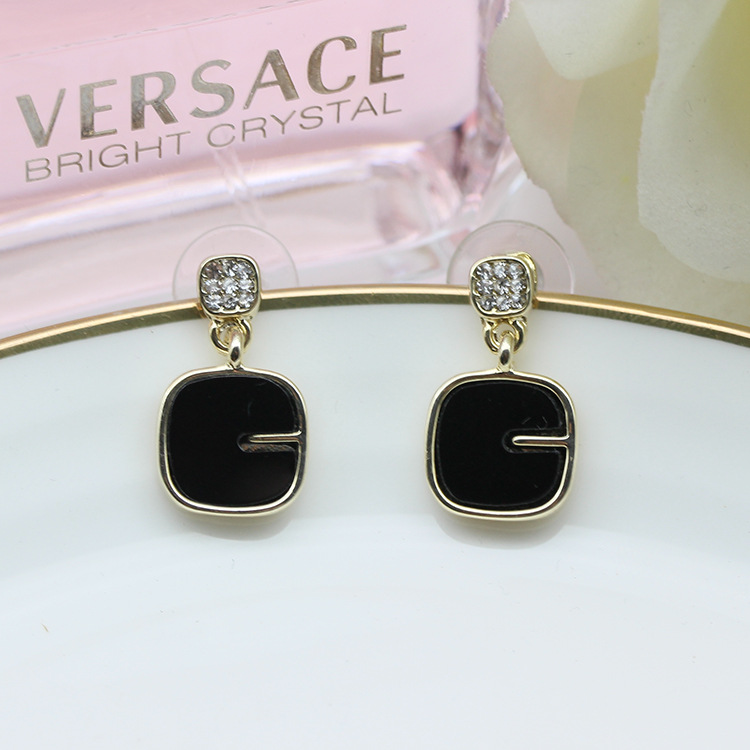 S925银针韩版耳饰小众方块方形仿贝壳镶钻耳钉韩国东大门代购同款