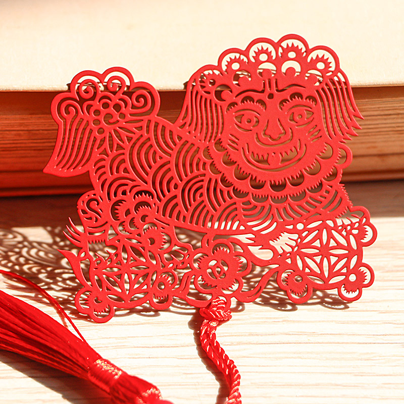 中国风金属书签定制厂家不锈钢喷漆狮子腐蚀电脑片 镂空书签