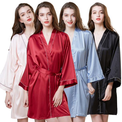 cross-border pajamas hot sale plus size artificial silk nightgown women‘s summer long-sleeved morning gown ice silk bathrobe homewear