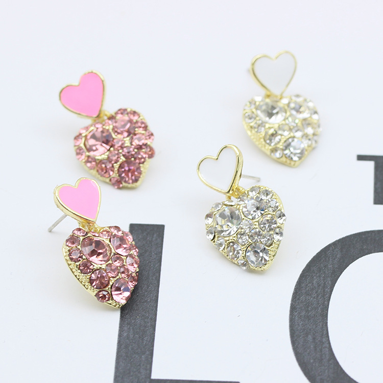 S925银针韩版耳饰几何方块爱心桃心镶钻满钻画油耳环地摊夜市耳钉