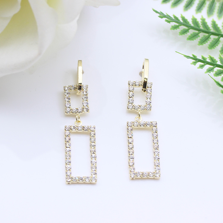 S925银针韩版耳饰长方形几何镶钻画油钻石耳环地摊夜市潮流款耳钉