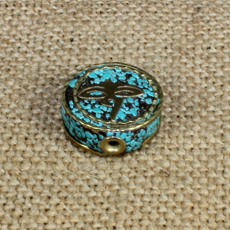 DIY藏饰配件背云隔珠尼泊尔仿松石镶嵌铜珠18mm圆扁隔件021