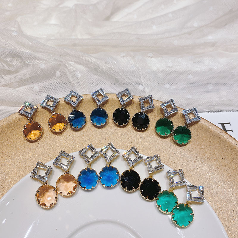 新款银针玻璃水晶防过敏锆石圆形彩色时尚气质百搭耳环耳饰东大门