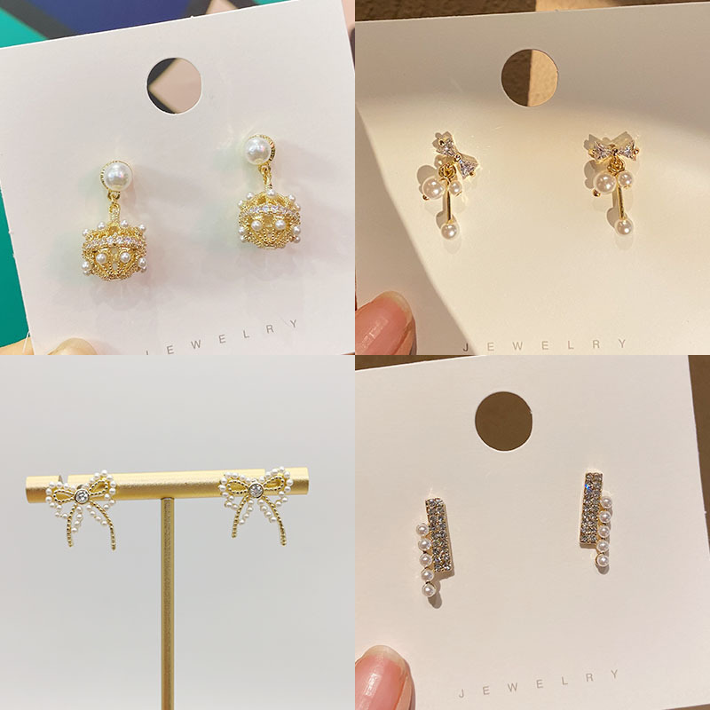 20春夏新款蝴蝶结珍珠锆石球银针时尚东大门爆款简约耳环白搭淑女