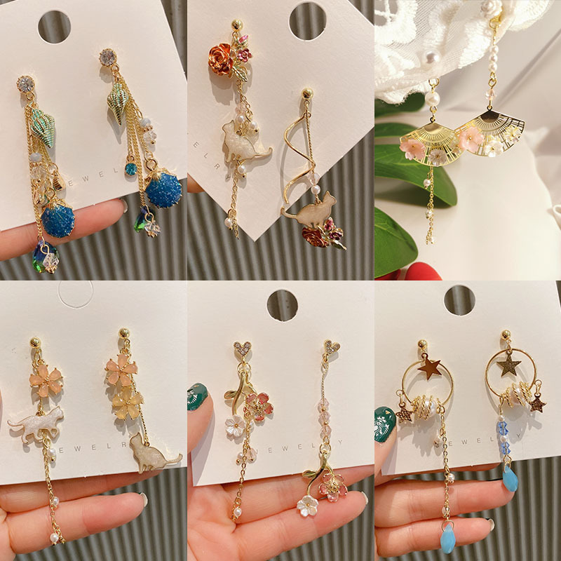 20年春夏款中国风田园风清新个性时尚小海螺扇子贝壳猫咪银针耳环