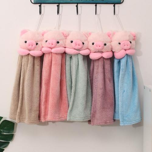 Enjie Kitchen Bathroom Hanging Coral Fleece Cartoon Pig Hand Towel Cloth Cute Animal Absorbent Hand Towel