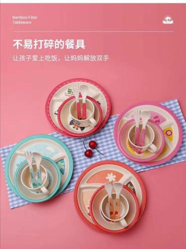 melamine tableware natural bamboo fiber children‘s tableware set cartoon five-piece tableware