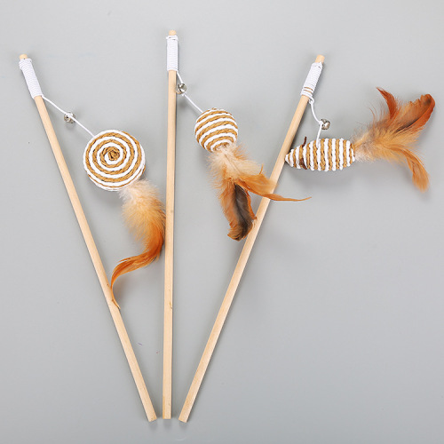 Cat Toy Solid Wood Bar Paper String Feather Cat Teaser Texture Interactive Play Factory in Stock Cross-Border Wholesale