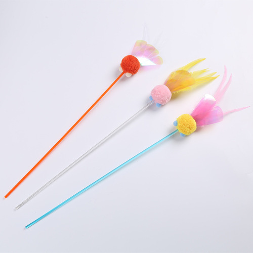 New Cat Toy Pompom Funny Cat Stick Short Pet Products with Feathers Factory Direct Cross-Border Wholesale