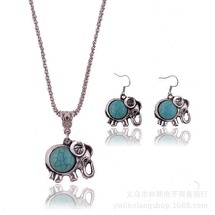 速卖通爆款 复古波西米亚大象镂空吊坠松石绿耳钉套装系列