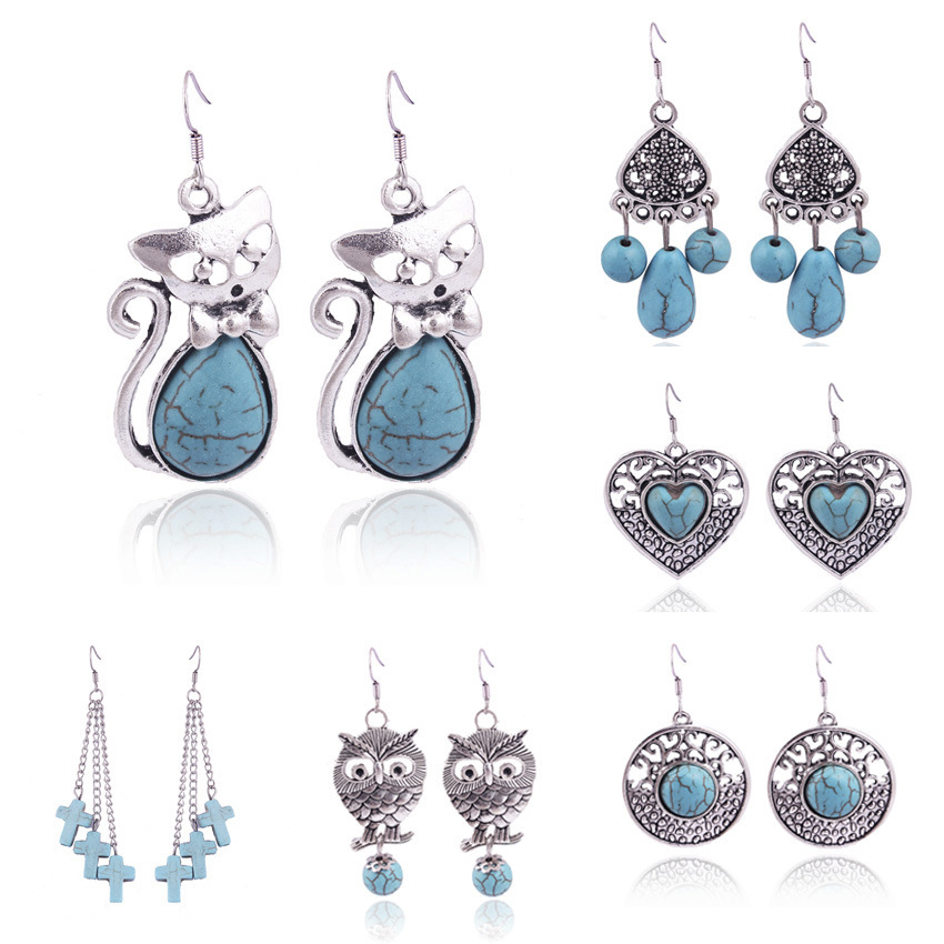 速卖通爆款 新款波西米亚猫头鹰 狐狸 十字架 绿色松石耳钉.