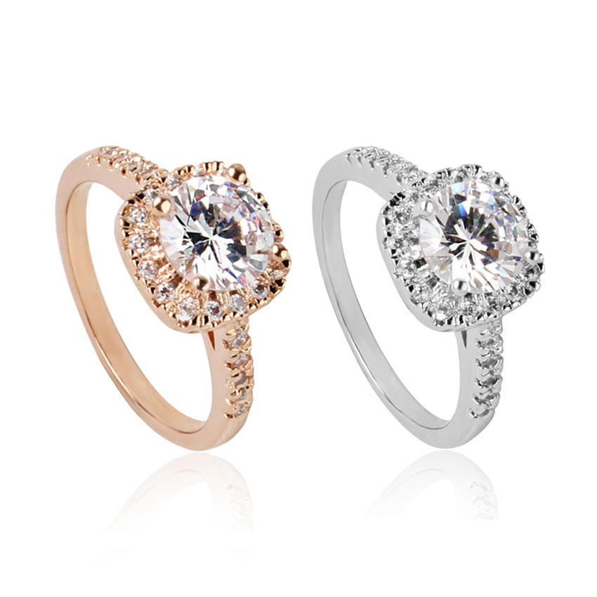 跨境专供欧美流行18K玫瑰金公主切割锆石晶体的订婚戒指