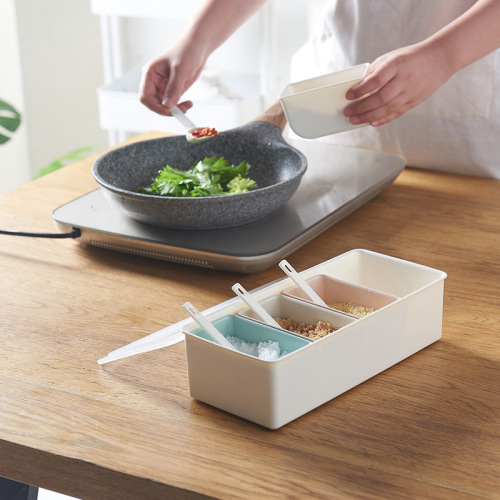 Simple Seasoning Box Three-Grid Four-Grid Box Jar Can Be Separated with Spoon with Dust Cover Mildew-Proof and Moisture-Proof