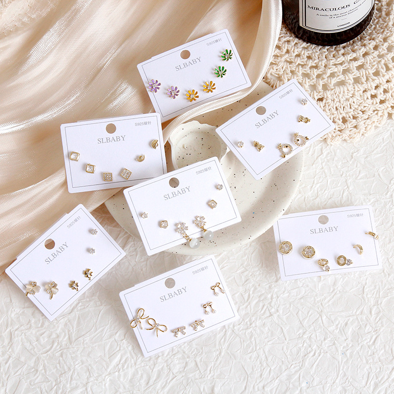 2020韩国新款迷你s925银针三件套耳钉女气质优雅卡通百搭锆石耳环
