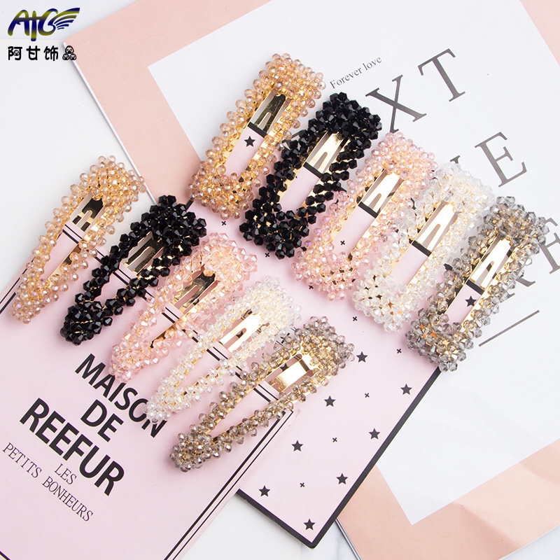 韩国网红同款水钻发夹手工串珠甜美发饰边夹一字刘海夹头饰品批发