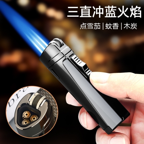hb023 inflatable grinding wheel switch three straight blue flame windproof lighter portable point cigar special small welding gun