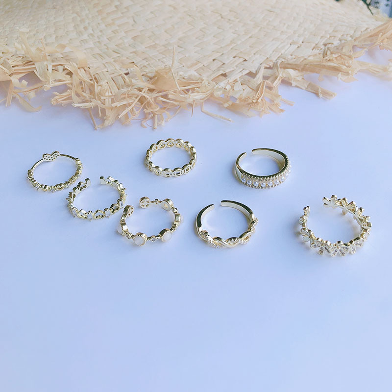 新款开口铜微镶戒指时尚可调节珍珠铜钱ins花猫眼爆款摆摊女批发