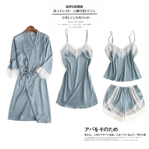 Spring and Autumn Best-Selling Women‘s Four-Piece Ice Silk Pajamas Summer Suspender Shorts Long Sleeve Nightgown Sexy Cute Korean Style Thin