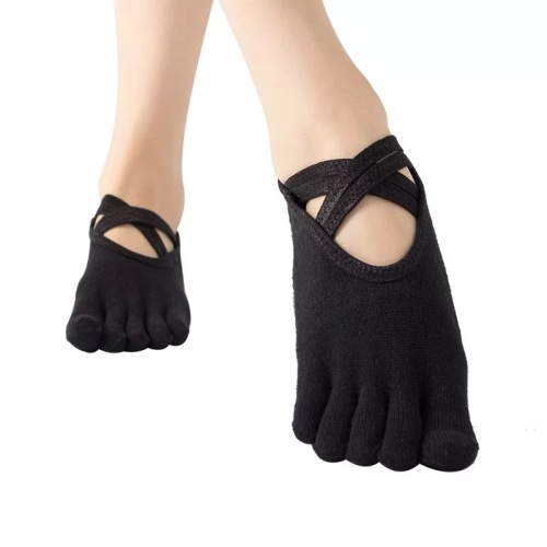 Foreign Trade Popular Style Yoga Socks Women‘s Non-Slip Floor Socks Breathable Backless Double Cross Belt Five Finger Terry Shock Absorption Fitness Socks