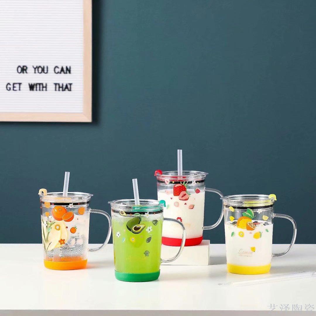 清凉夏日玻璃杯带吸管水杯果汁陶瓷杯