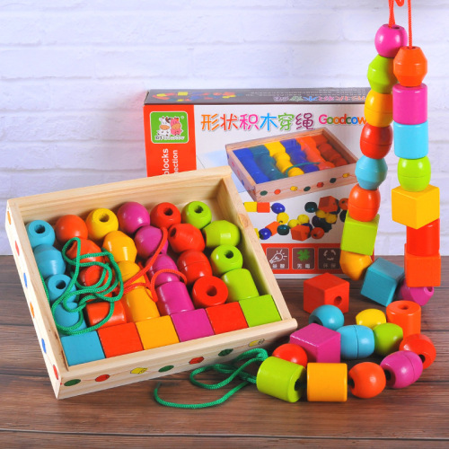 Wooden Large Particle Shape Building Blocks Rope Children‘s Early Education Color Cognitive Puzzle Bead String Toys