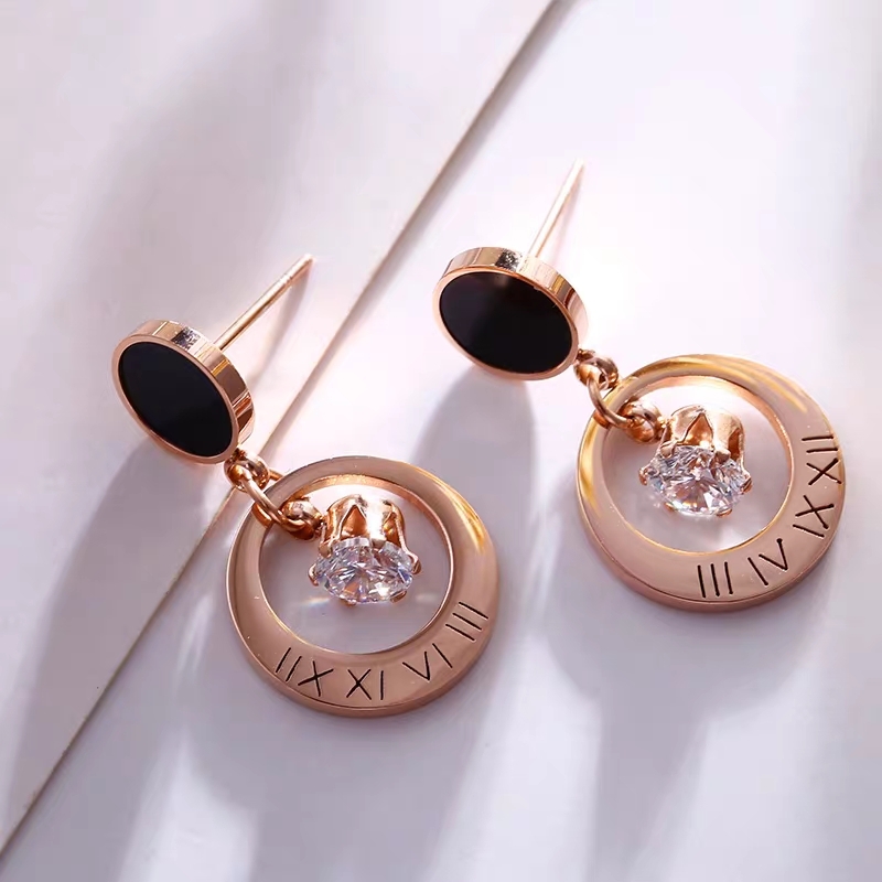 玫瑰金圆形刻印罗马数字锆石吊坠耳环气质百搭个性耳钉韩版耳饰