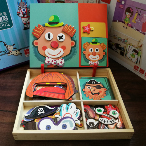 wooden magnetic force puzzle puzzle building blocks children‘s educational toys drawing board character facial features magnetic stickers 23457 years old