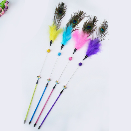 Cat Bite Toy Manufacturers Supply Peacock Tail Feather Cat Teaser Fairy Multicolor Cat Playing Rod in Stock Wholesale