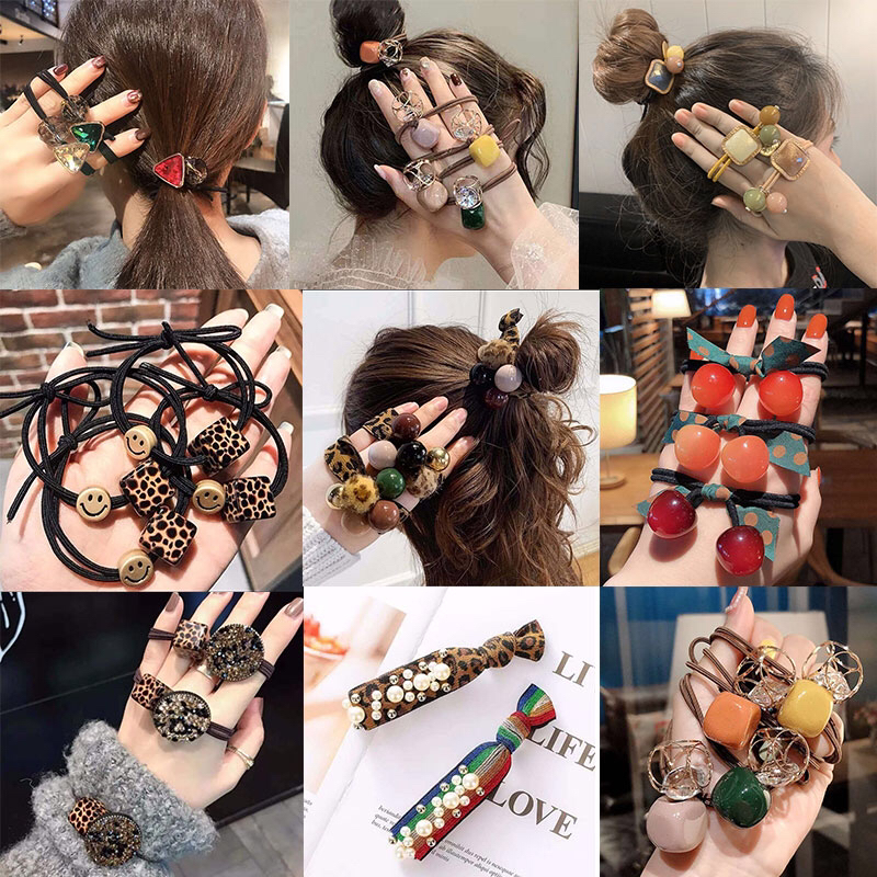 韩版头绳网红爆款发绳珍珠水钻发圈女扎头发豹纹皮筋成人发饰地摊
