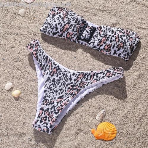 swimsuit foreign trade new sexy tube top pleated leopard print high waist split bikini nylon products factory direct sales