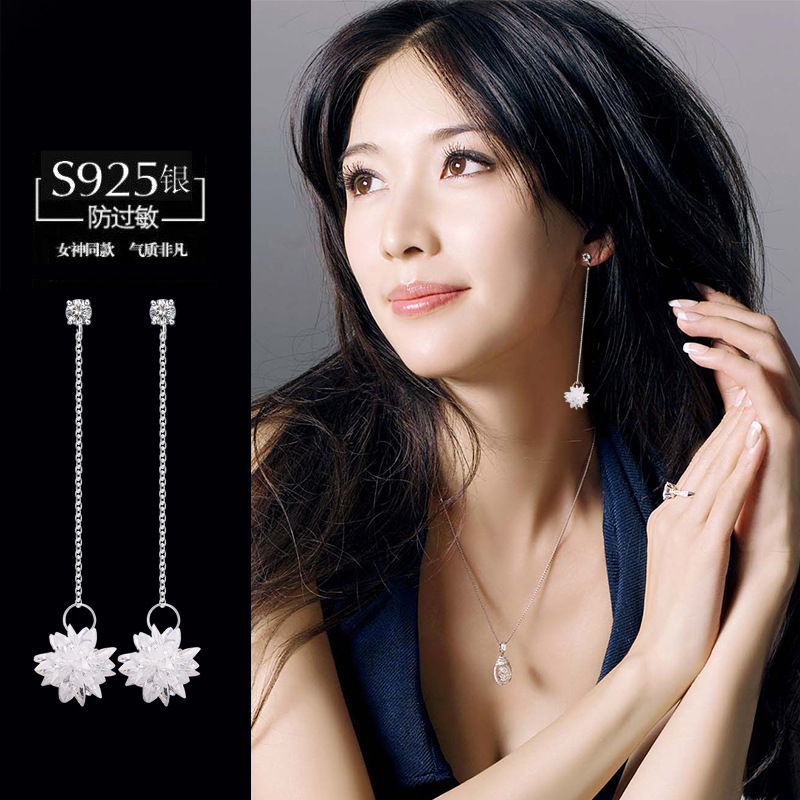 曼休妮925银针冰花耳线女韩国甜美气质简约流苏雪花耳环长款耳坠
