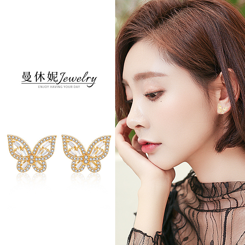925银针镂空蝴蝶翅膀耳钉简约ins冷淡风耳饰小巧精致人工锆石耳环